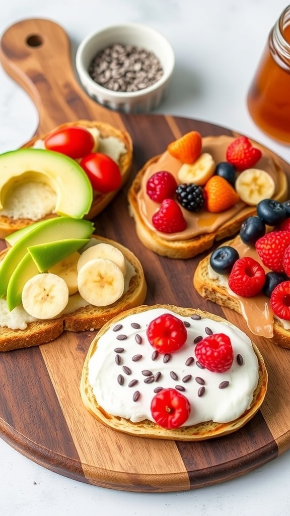 An assortment of healthy toast with avocado, nut butter, and Greek yogurt toppings on a wooden board.